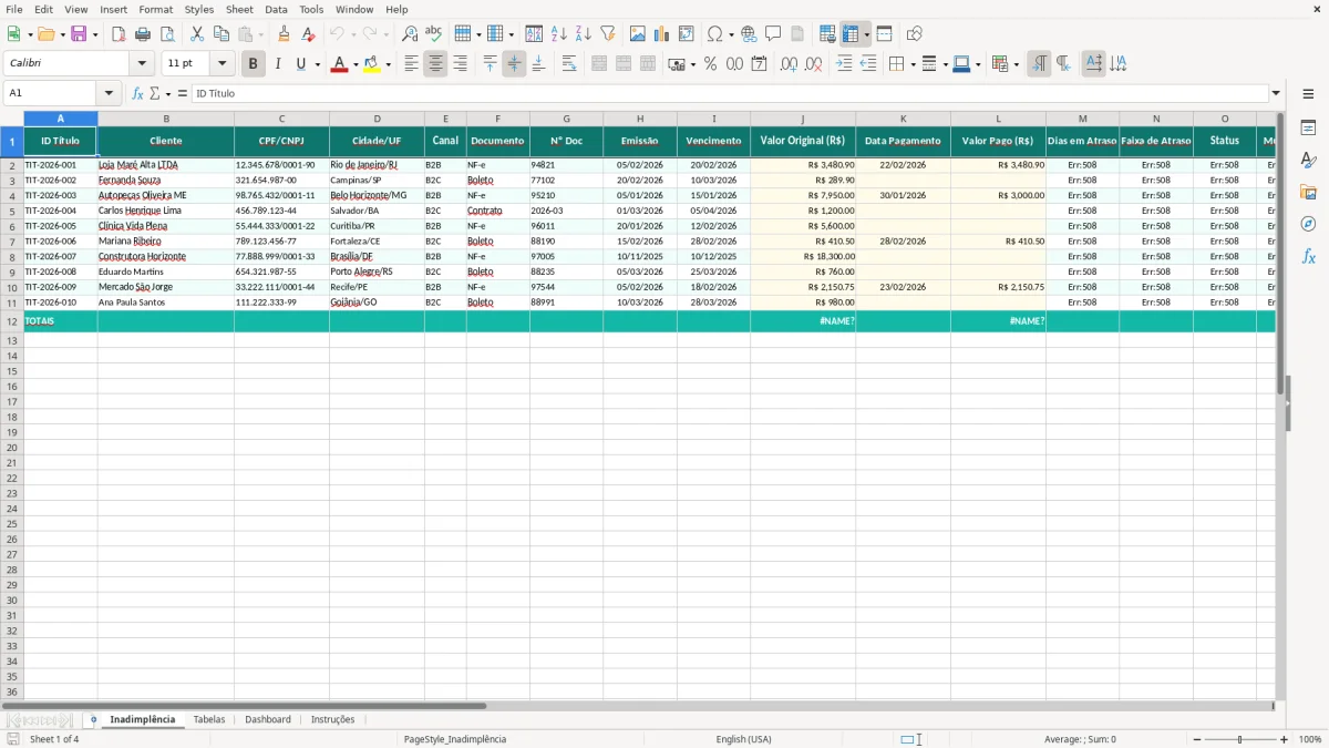 Captura de tela 1: Aba Inadimplência - Planilha Excel controle de inadimplência excel