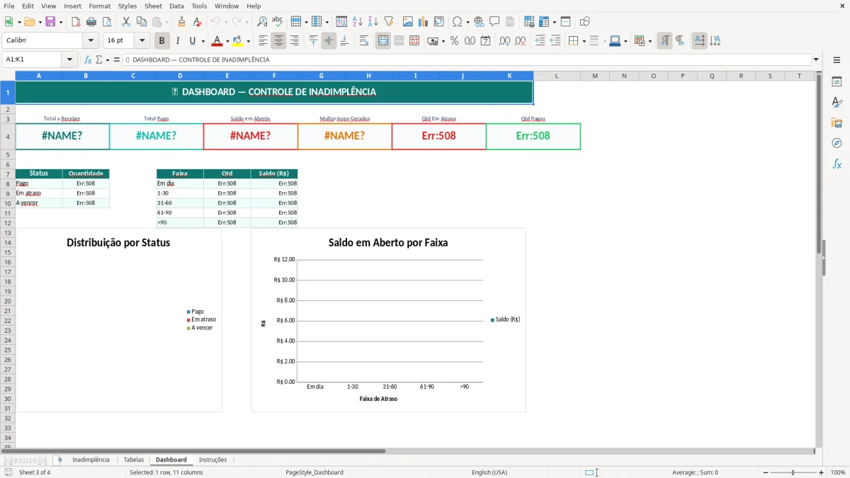 Captura de tela 3: Aba Dashboard - Planilha Excel controle de inadimplência excel