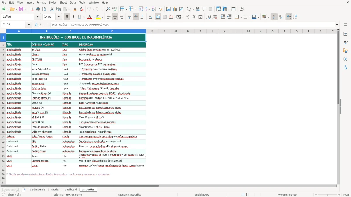 Captura de tela 4: Aba Instruções - Planilha Excel controle de inadimplência excel