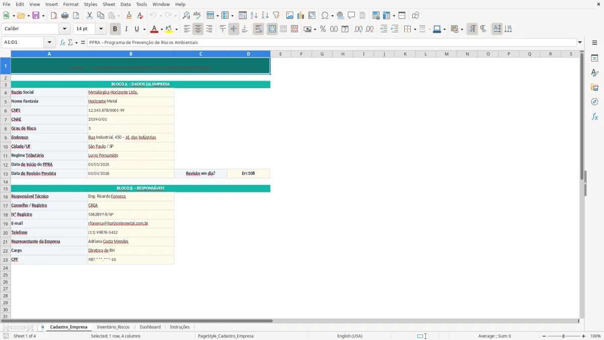 Captura de tela 1: Aba Cadastro_Empresa - Planilha Excel modelo de PPRA excel