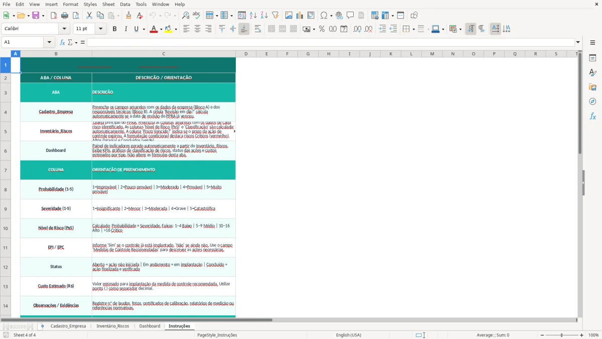 Captura de tela 4: Aba Instruções - Planilha Excel modelo de PPRA excel