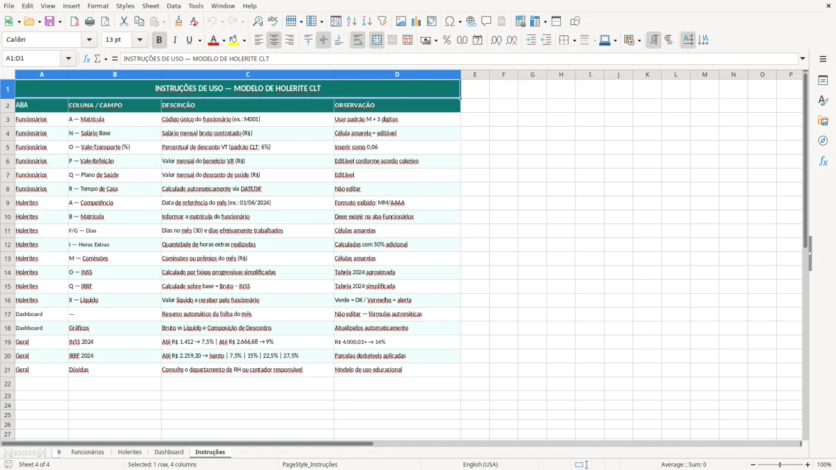 Captura de tela 4: Aba Instruções - Planilha Excel modelo de holerite excel