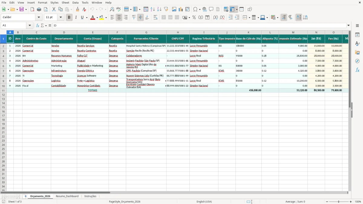 Captura de tela 1: Aba Orçamento_2026 - Planilha Excel modelo de orçamento empresarial excel