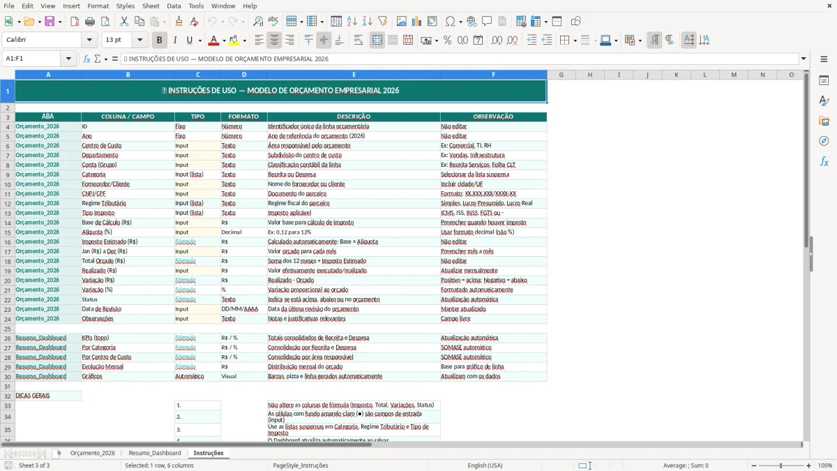 Captura de tela 3: Aba Instruções - Planilha Excel modelo de orçamento empresarial excel