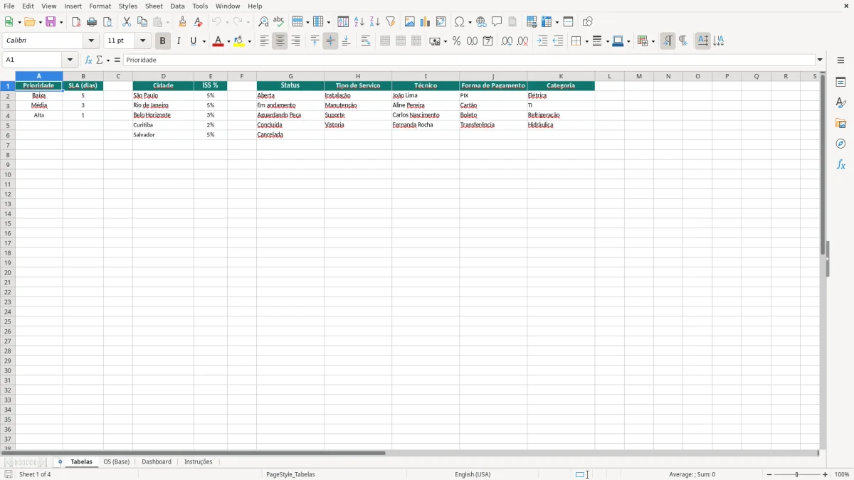 Captura de tela 1: Aba Tabelas - Planilha Excel modelo de ordem de serviço excel