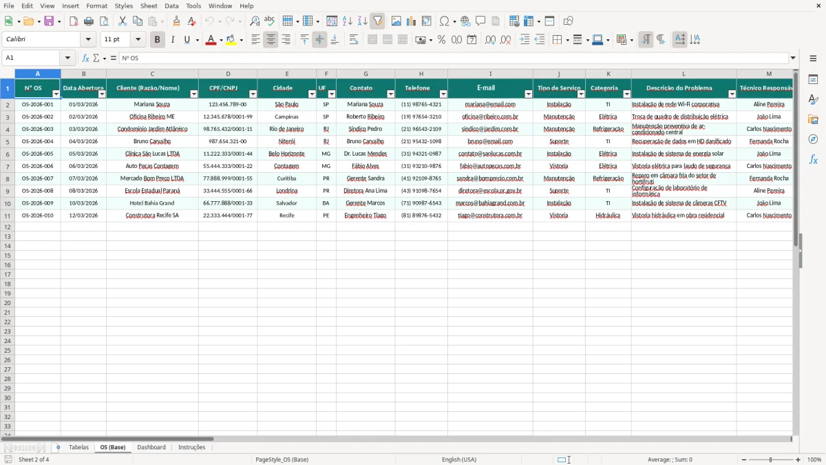 Captura de tela 2: Aba OS (Base) - Planilha Excel modelo de ordem de serviço excel