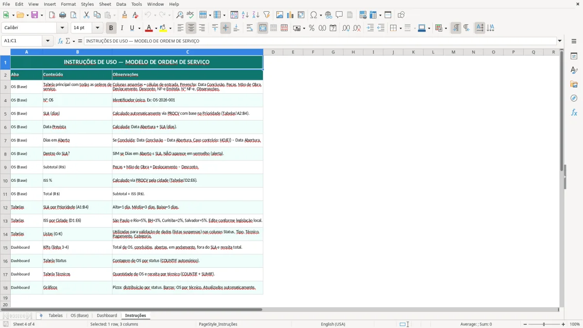Captura de tela 4: Aba Instruções - Planilha Excel modelo de ordem de serviço excel