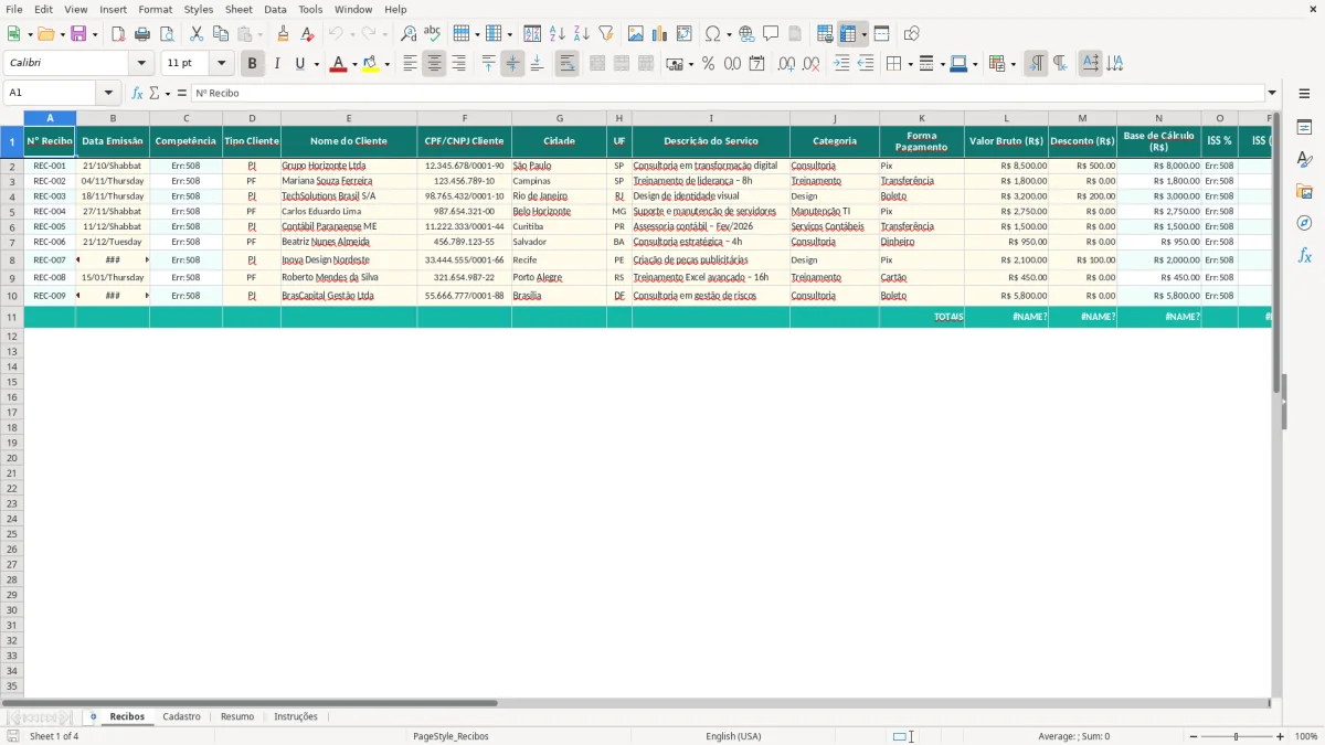 Captura de tela 1: Aba Recibos - Planilha Excel modelo de recibo excel