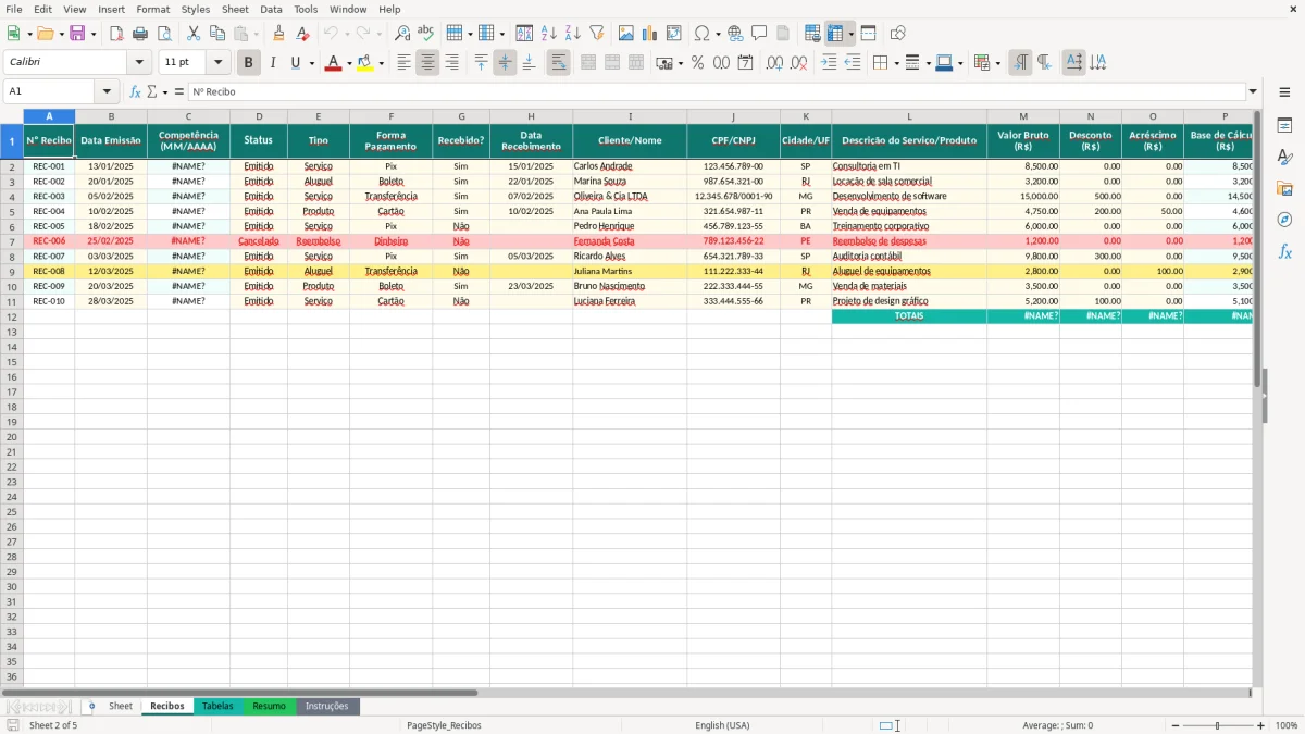 Captura de tela 2: Aba Recibos - Planilha Excel modelo de recibo excel