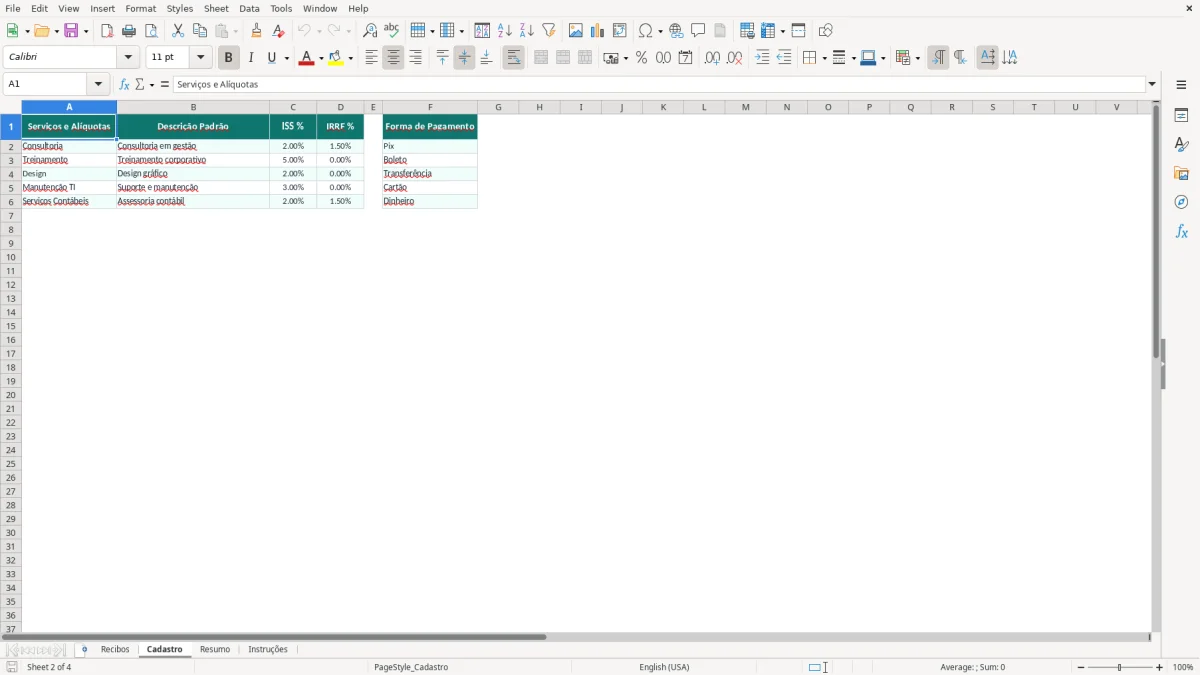 Captura de tela 2: Aba Cadastro - Planilha Excel modelo de recibo excel