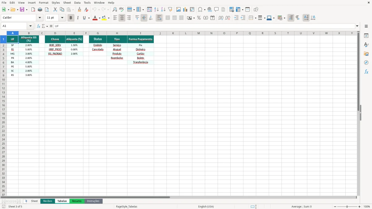 Captura de tela 3: Aba Tabelas - Planilha Excel modelo de recibo excel