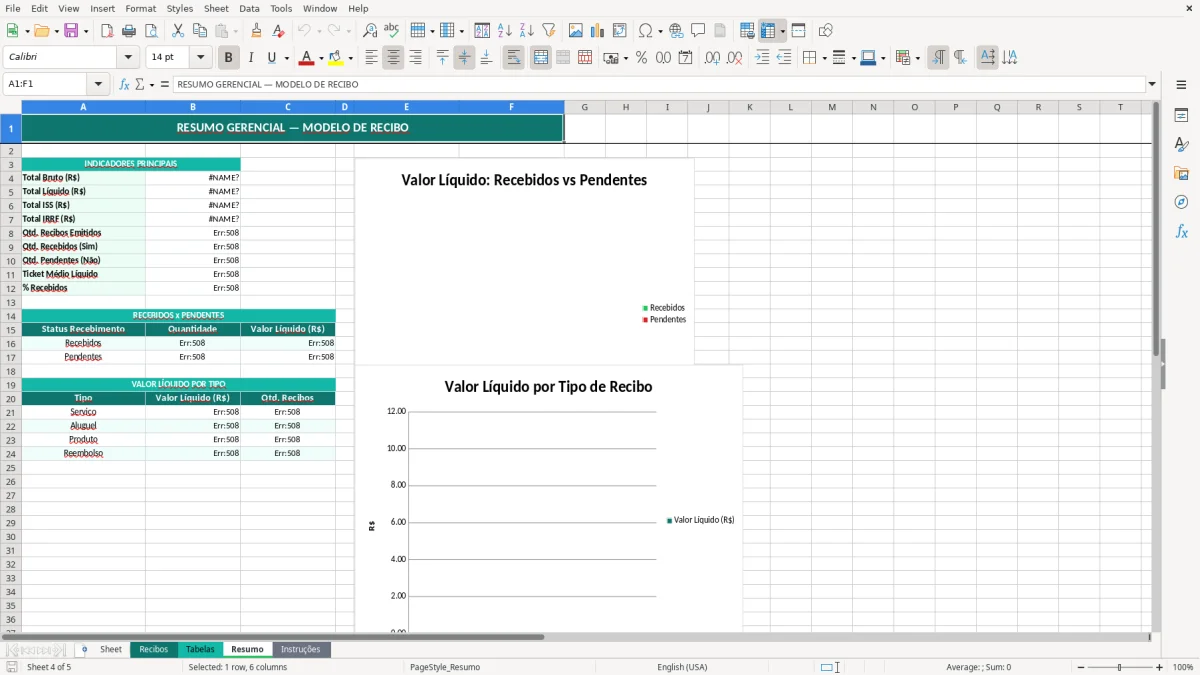 Captura de tela 4: Aba Resumo - Planilha Excel modelo de recibo excel