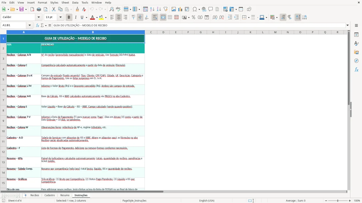 Captura de tela 4: Aba Instruções - Planilha Excel modelo de recibo excel