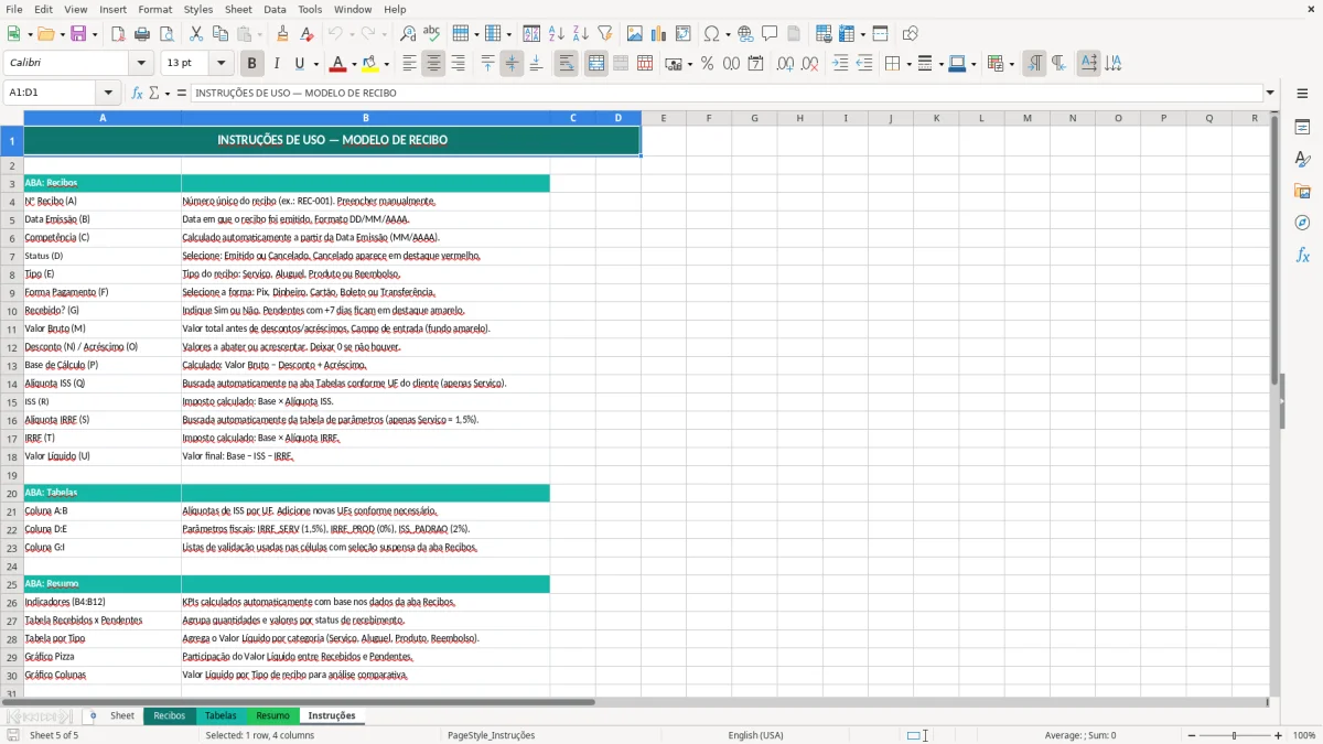 Captura de tela 5: Aba Instruções - Planilha Excel modelo de recibo excel
