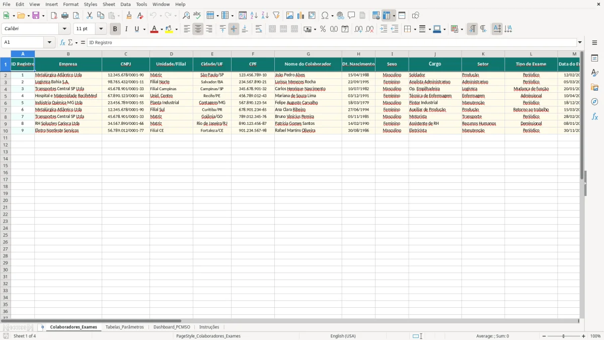 Captura de tela 1: Aba Colaboradores_Exames - Planilha Excel planilha de PCMSO excel