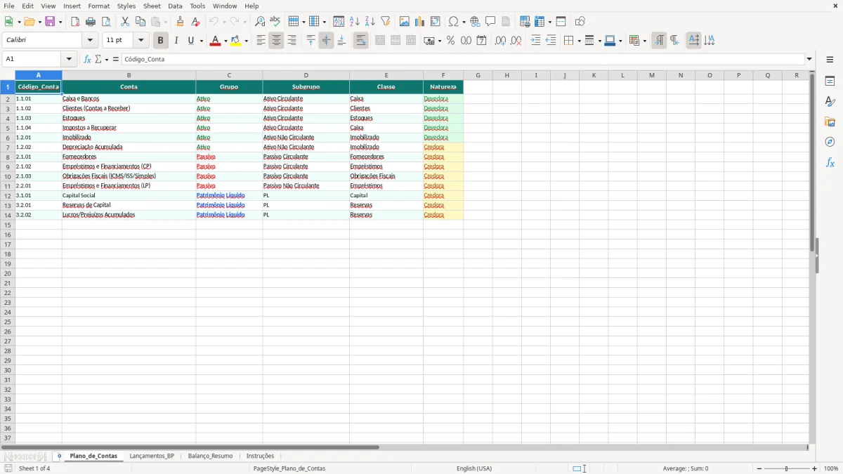 Captura de tela 1: Aba Plano_de_Contas - Planilha Excel planilha de balanço patrimonial excel