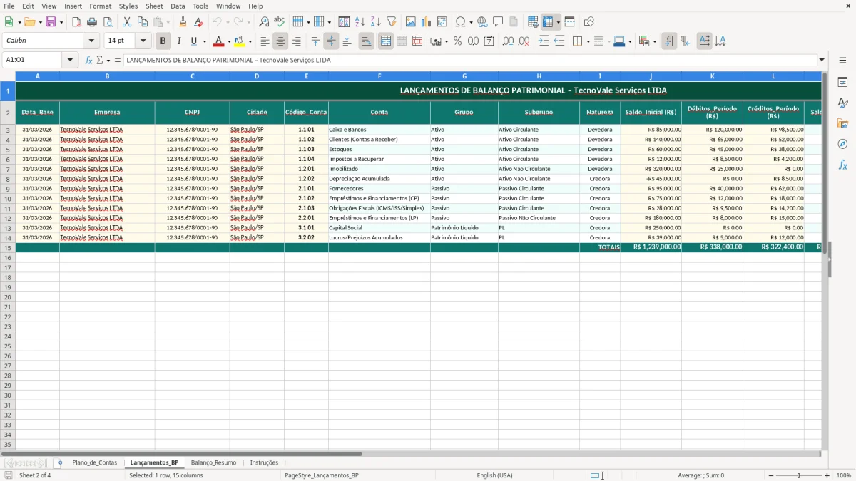 Captura de tela 2: Aba Lançamentos_BP - Planilha Excel planilha de balanço patrimonial excel