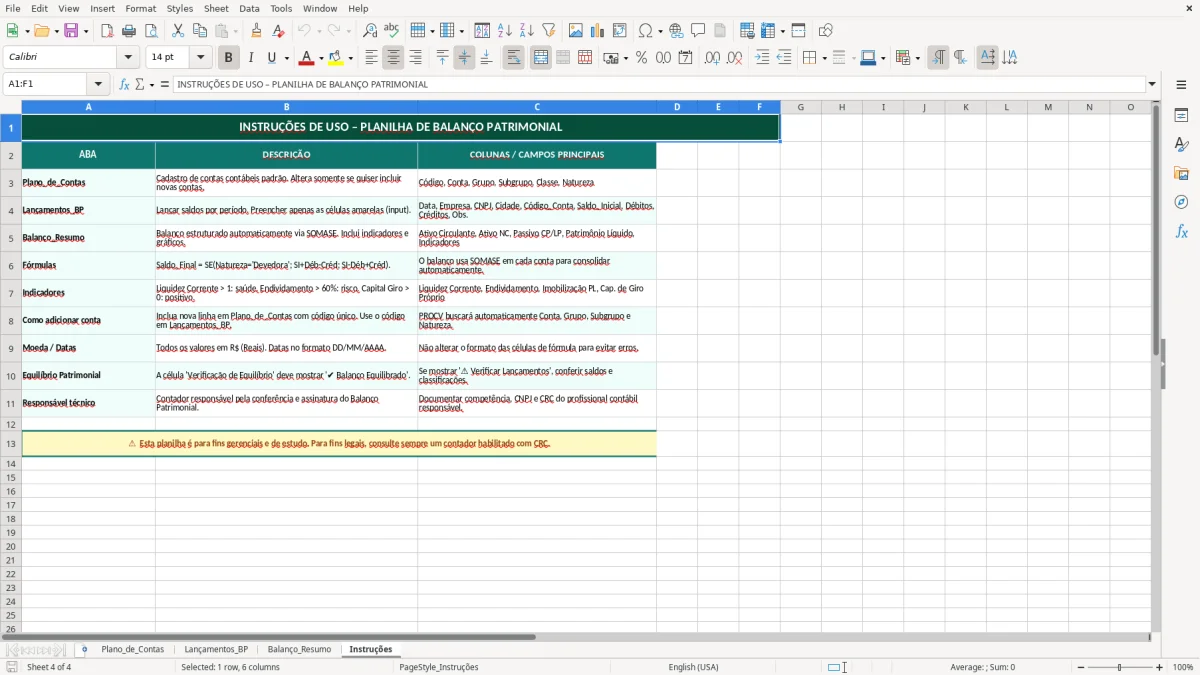 Captura de tela 4: Aba Instruções - Planilha Excel planilha de balanço patrimonial excel