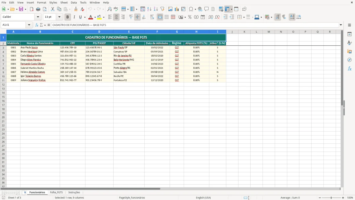 Captura de tela 1: Aba Funcionários - Planilha Excel planilha de cálculo de FGTS excel
