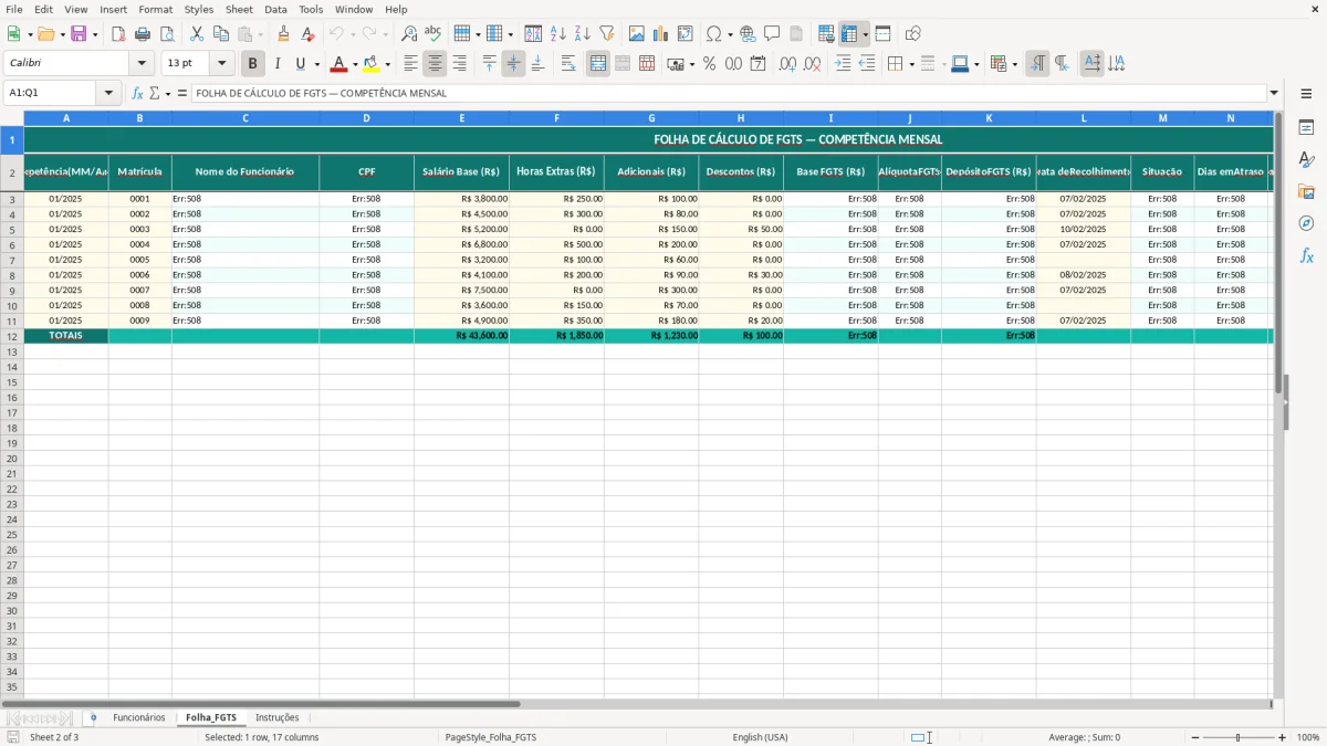 Captura de tela 2: Aba Folha_FGTS - Planilha Excel planilha de cálculo de FGTS excel