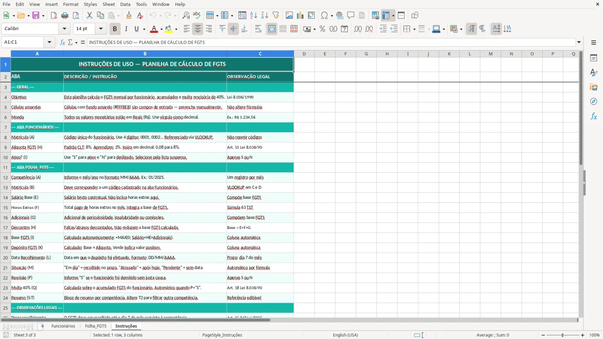 Captura de tela 3: Aba Instruções - Planilha Excel planilha de cálculo de FGTS excel