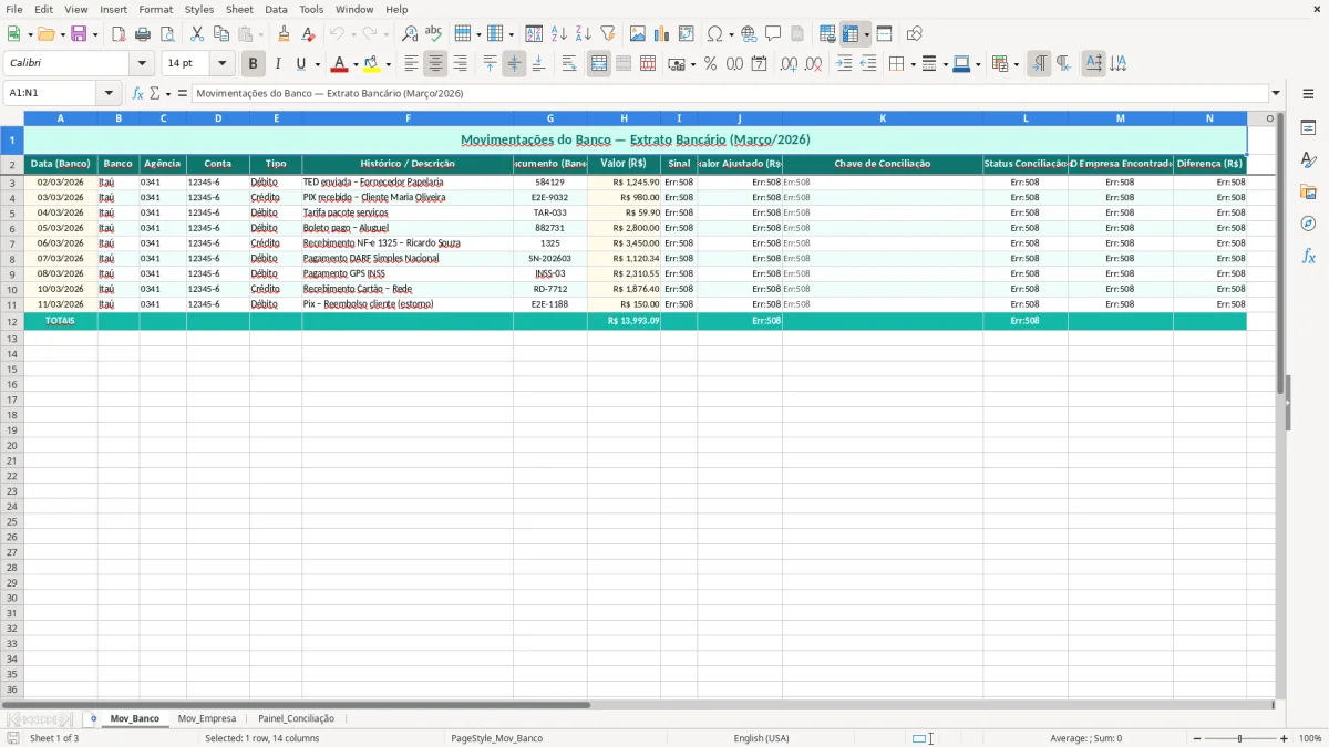 Captura de tela 1: Aba Mov_Banco - Planilha Excel planilha de conciliação bancária excel