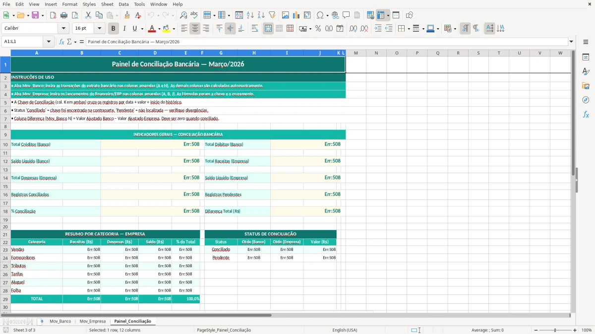 Captura de tela 3: Aba Painel_Conciliação - Planilha Excel planilha de conciliação bancária excel