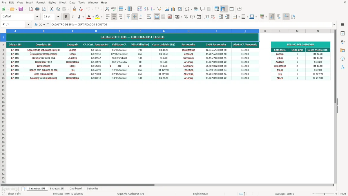 Captura de tela 1: Aba Cadastros_EPI - Planilha Excel planilha de controle de EPI excel