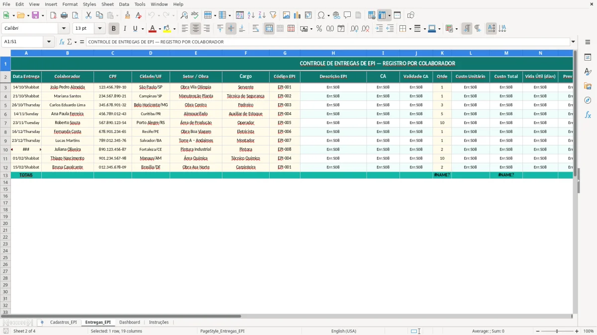 Captura de tela 2: Aba Entregas_EPI - Planilha Excel planilha de controle de EPI excel