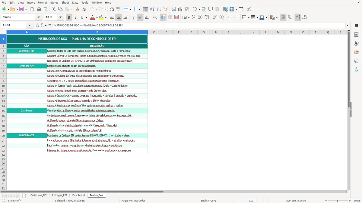 Captura de tela 4: Aba Instruções - Planilha Excel planilha de controle de EPI excel