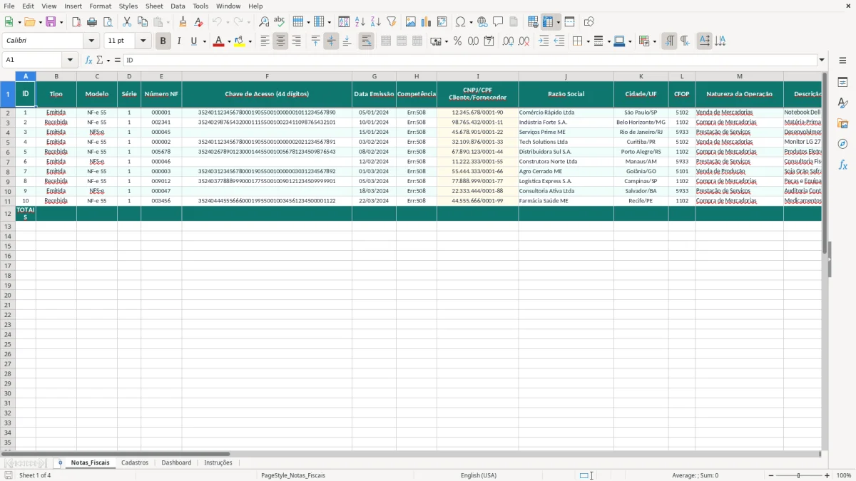 Captura de tela 1: Aba Notas_Fiscais - Planilha Excel planilha de controle de notas fiscais excel
