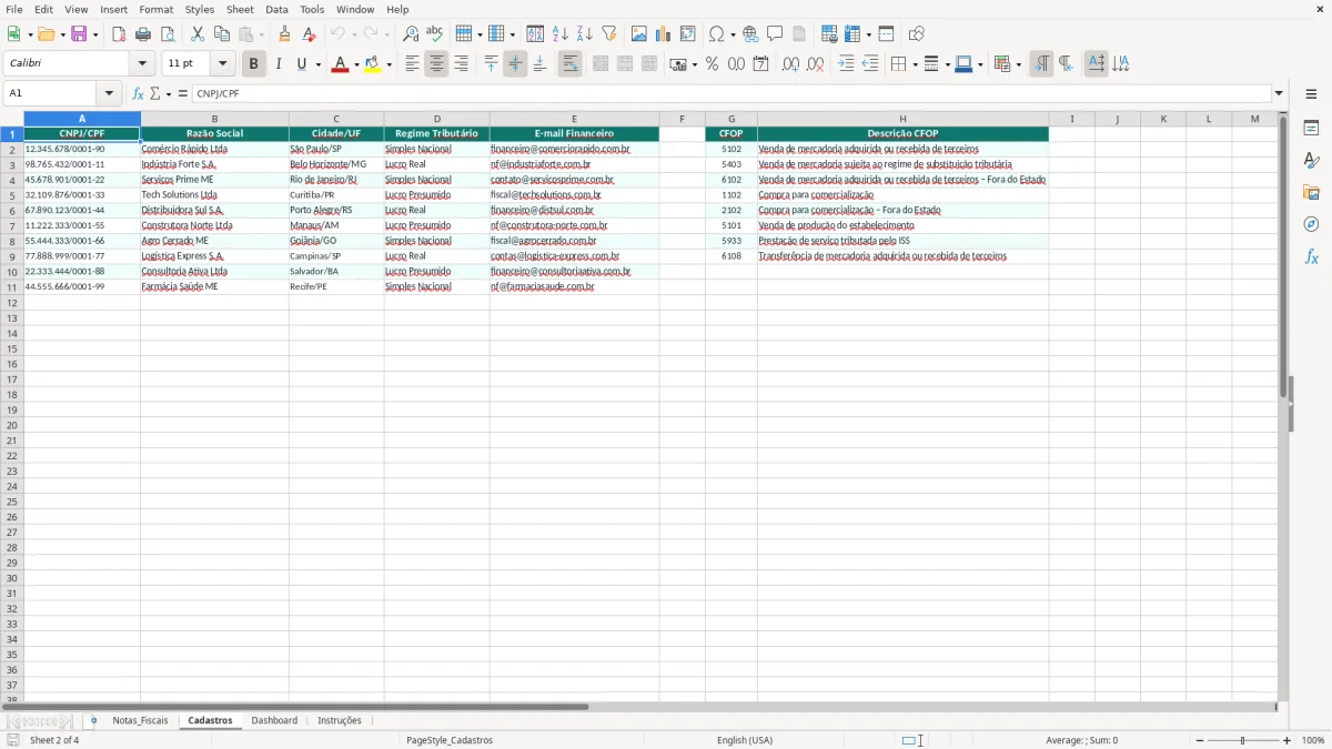 Captura de tela 2: Aba Cadastros - Planilha Excel planilha de controle de notas fiscais excel