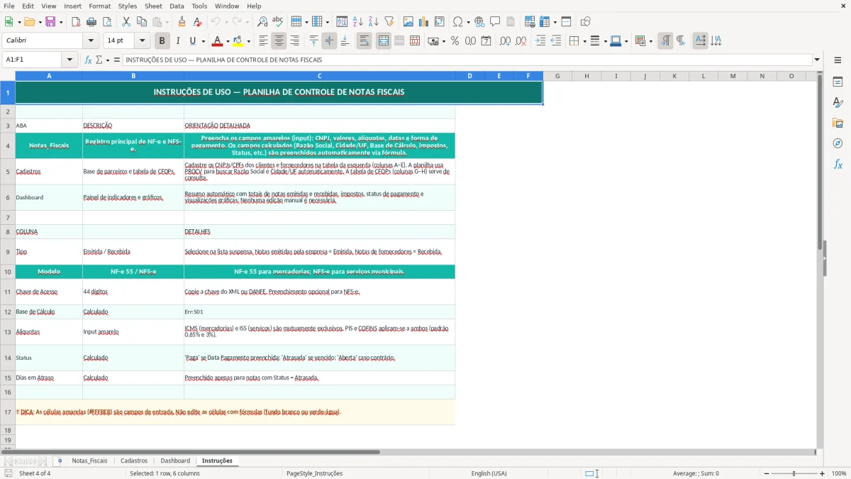 Captura de tela 4: Aba Instruções - Planilha Excel planilha de controle de notas fiscais excel