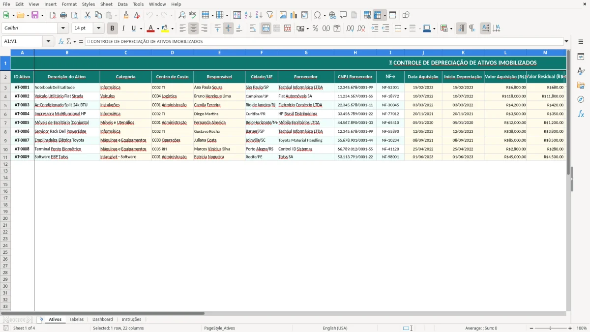Captura de tela 1: Aba Ativos - Planilha Excel planilha de depreciação de ativos excel