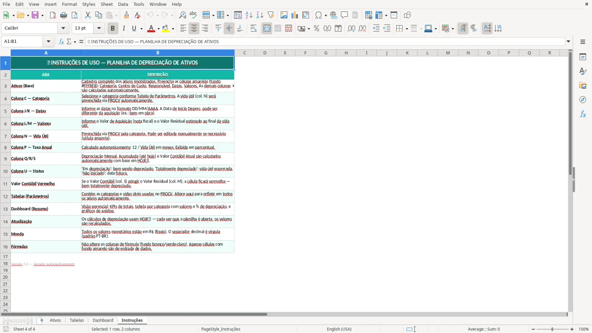 Captura de tela 4: Aba Instruções - Planilha Excel planilha de depreciação de ativos excel