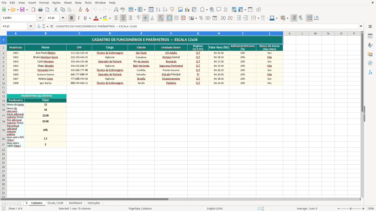 Captura de tela 1: Aba Cadastro - Planilha Excel planilha de escala 12x36 excel