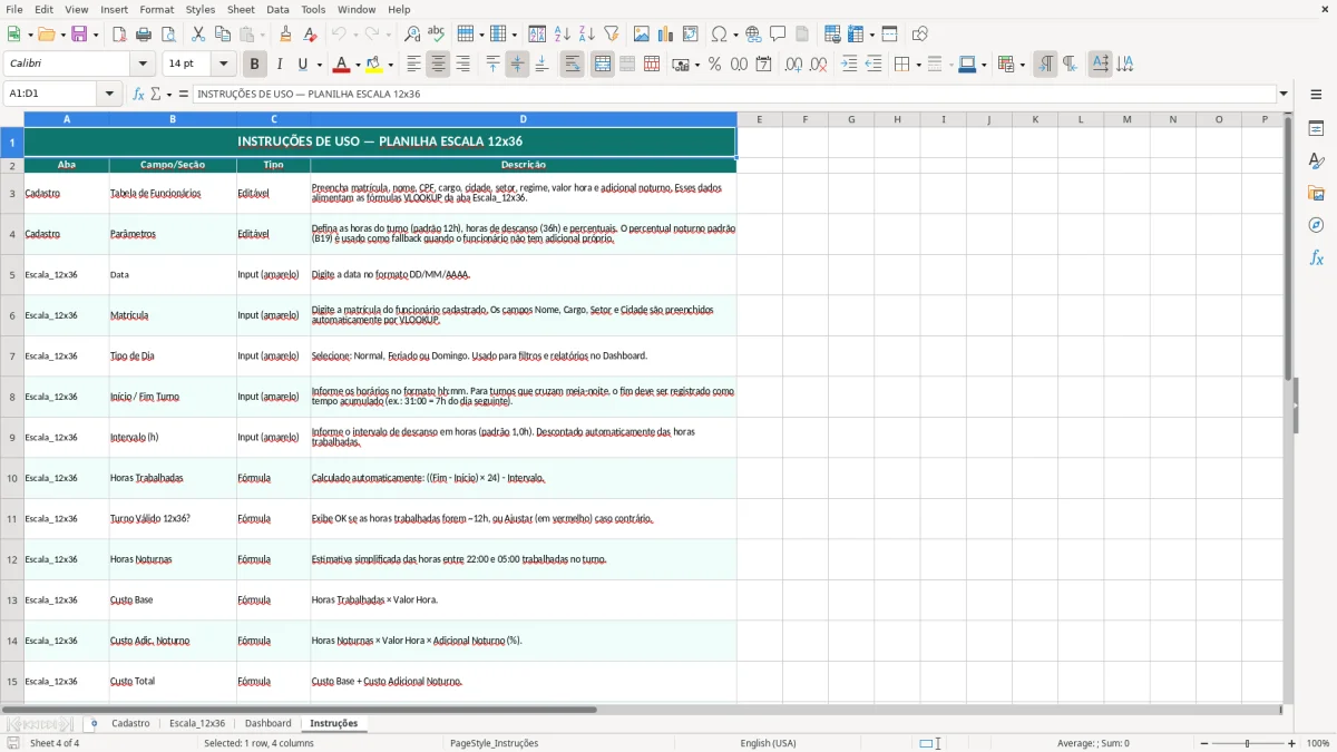 Captura de tela 4: Aba Instruções - Planilha Excel planilha de escala 12x36 excel