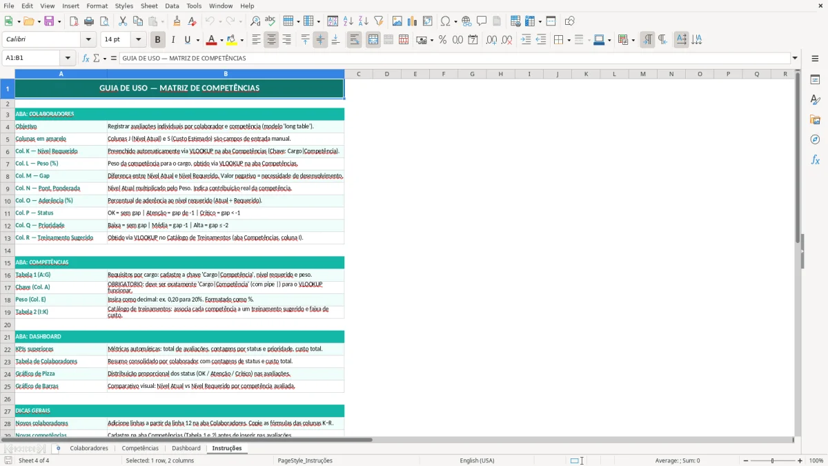 Captura de tela 4: Aba Instruções - Planilha Excel planilha de matriz de competências excel