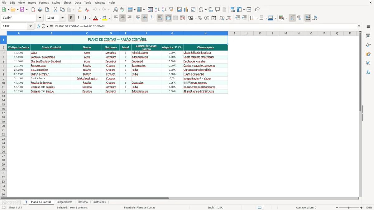 Captura de tela 1: Aba Plano de Contas - Planilha Excel planilha de razão contábil excel