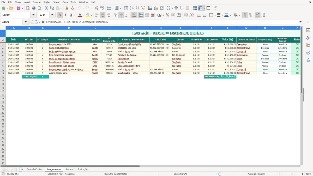 Captura de tela 2: Aba Lançamentos - Planilha Excel planilha de razão contábil excel