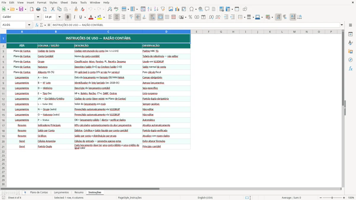 Captura de tela 4: Aba Instruções - Planilha Excel planilha de razão contábil excel