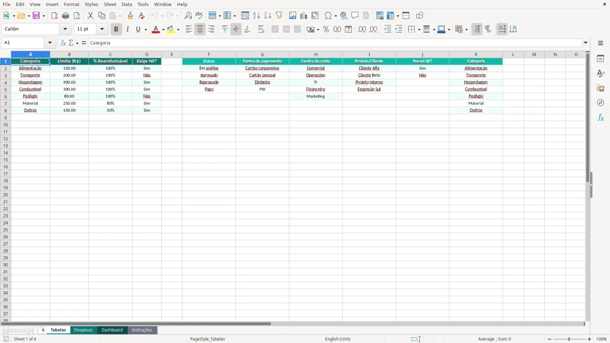 Captura de tela 1: Aba Tabelas - Planilha Excel planilha de reembolso de despesas excel