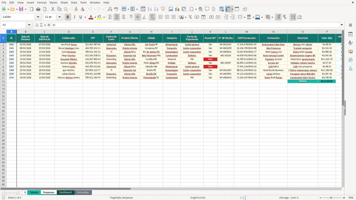 Captura de tela 2: Aba Despesas - Planilha Excel planilha de reembolso de despesas excel