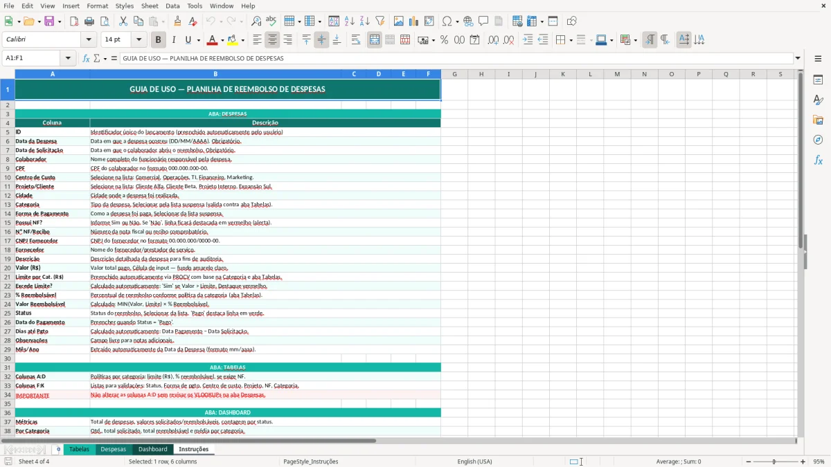 Captura de tela 4: Aba Instruções - Planilha Excel planilha de reembolso de despesas excel