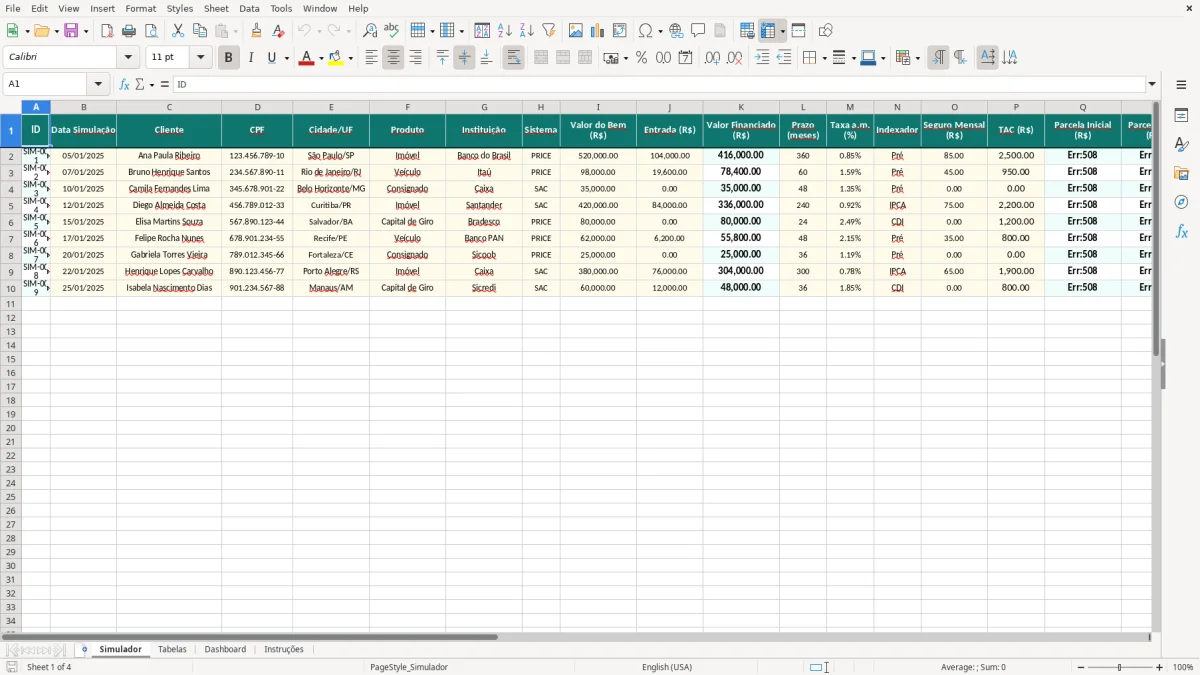 Captura de tela 1: Aba Simulador - Planilha Excel planilha de simulação de financiamento excel