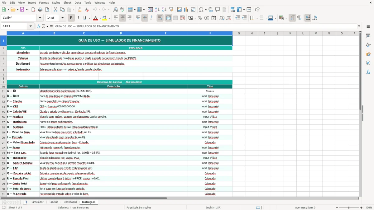 Captura de tela 4: Aba Instruções - Planilha Excel planilha de simulação de financiamento excel