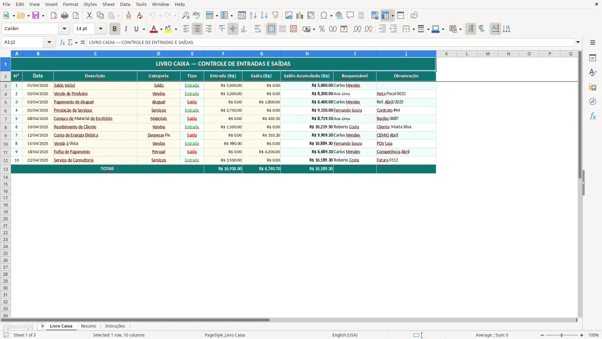 Captura de tela 1: Aba Livro Caixa - Planilha Excel livro caixa excel