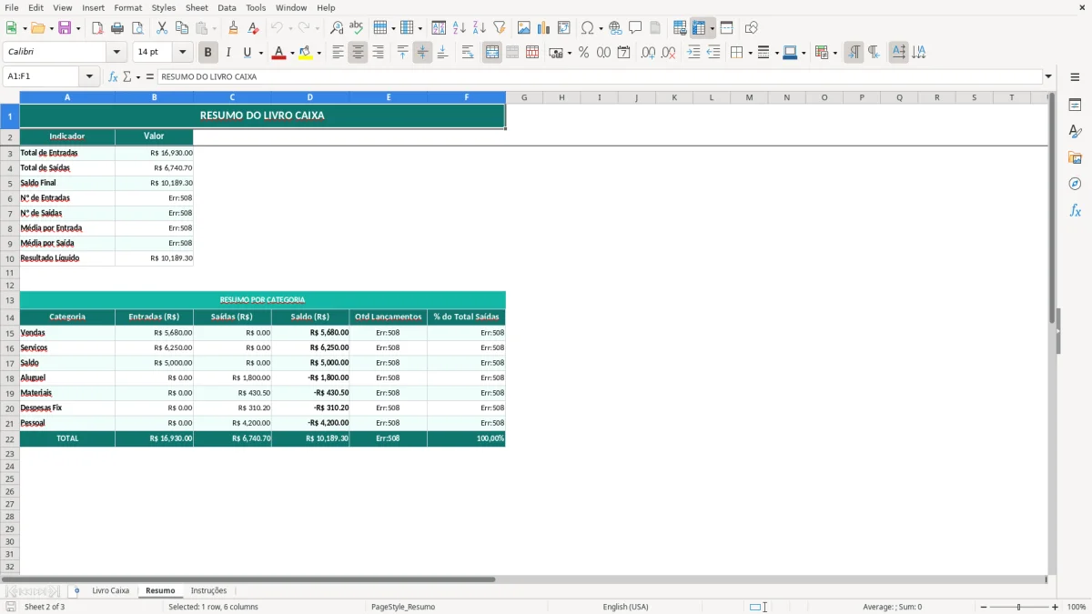 Captura de tela 2: Aba Resumo - Planilha Excel livro caixa excel