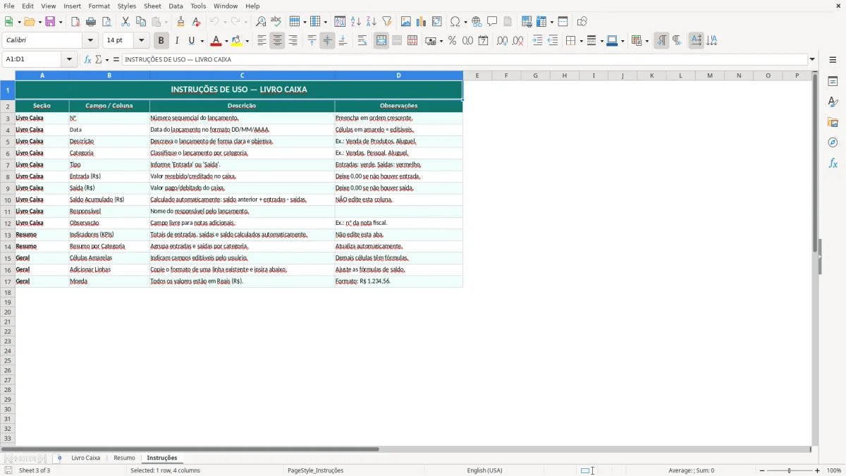 Captura de tela 3: Aba Instruções - Planilha Excel livro caixa excel