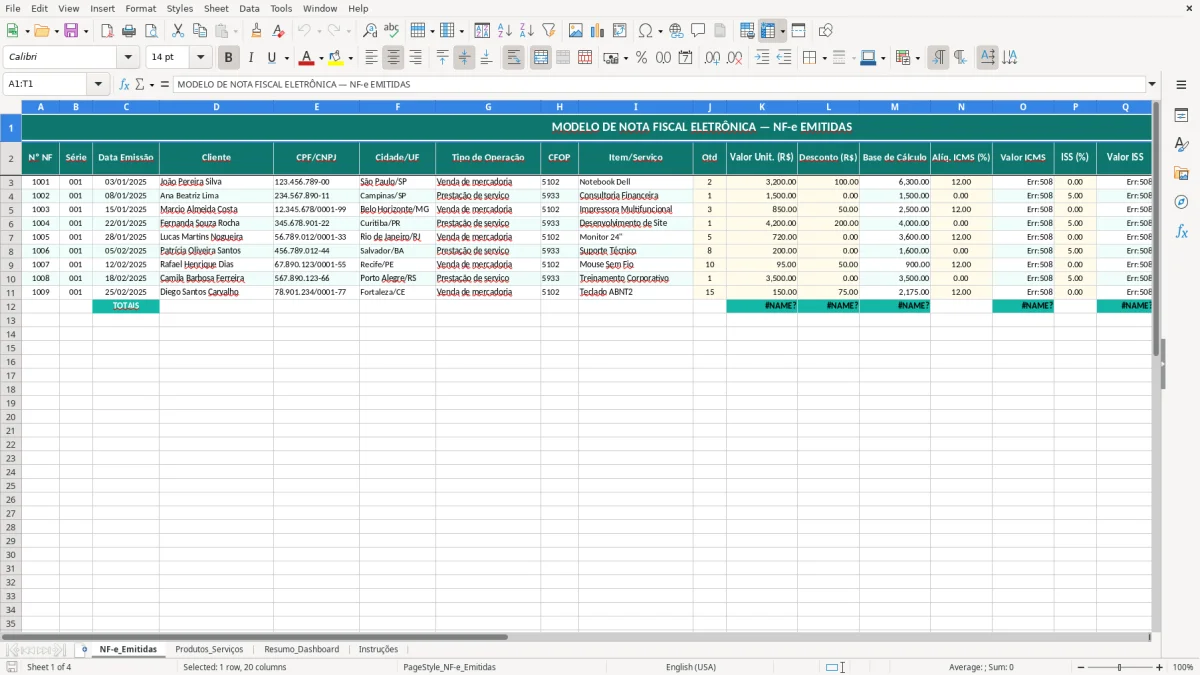 Captura de tela 1: Aba NF-e_Emitidas - Planilha Excel modelo de nota fiscal excel